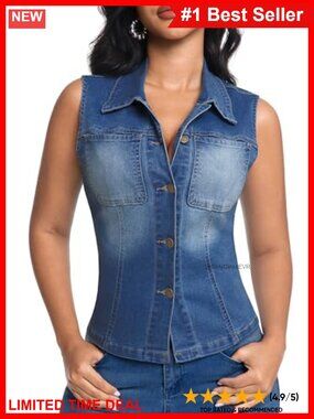 Womens Denim Vest Button Down Slim Fitted Stretchy Jean Jacket